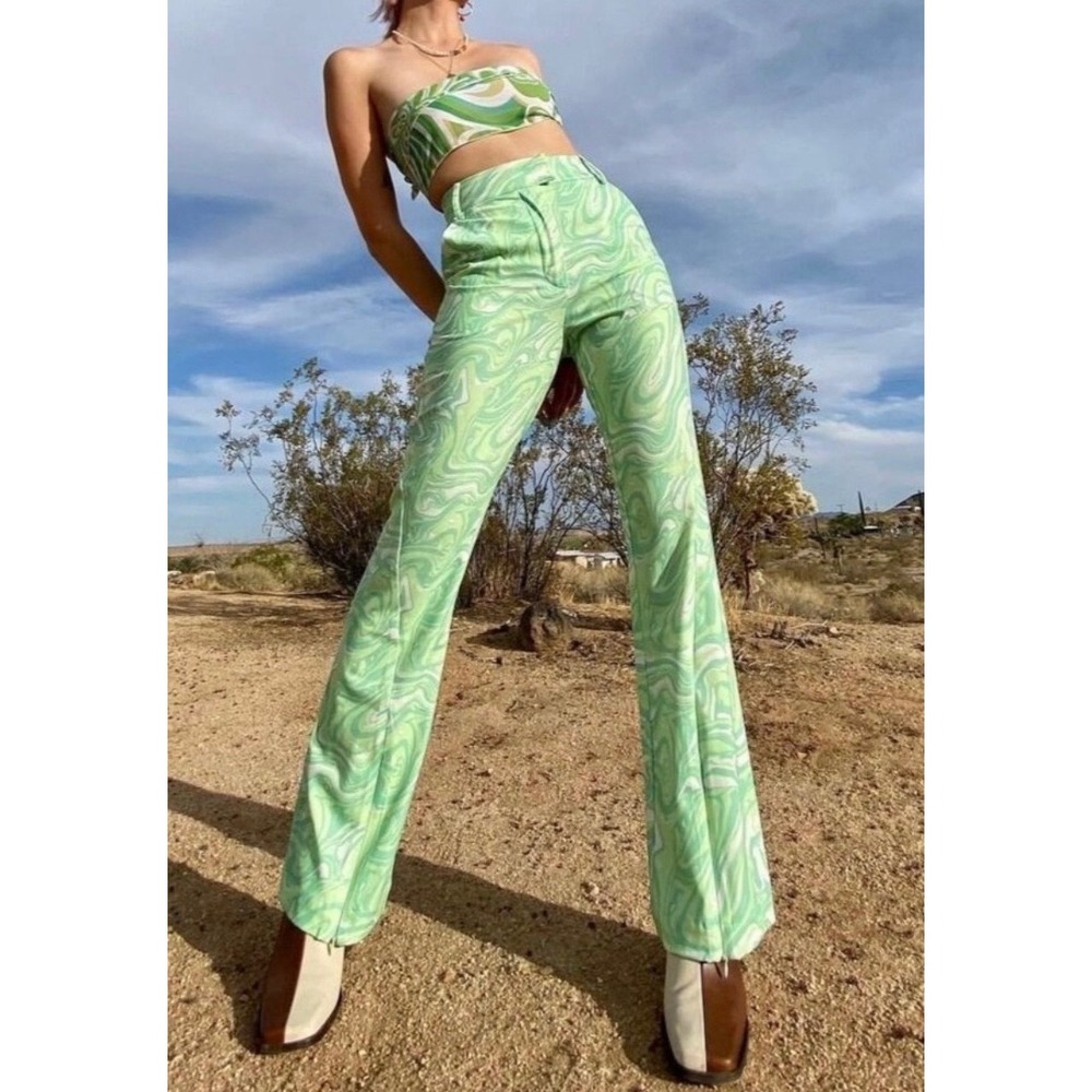 House of Sunny Green Marble Swirl High Waisted Straight Leg Pants Size US 12